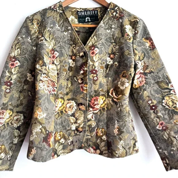 Vintage Sheriff Collection Couch Floral Tapestry Print Cropped Fitted Jacket S - Picture 2 of 6